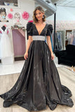 A-Line Beaded Plunge V Neck Long Prom Dress with Puff Sleeves Rjerdress