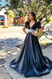 A-Line Beaded Plunge V Neck Long Prom Dress with Puff Sleeves Rjerdress