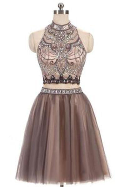 A-Line Beads Charming High Neck Open Back Two Pieces Tulle Homecoming Dresses For Teens RJS401 Rjerdress