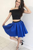 A-Line Black And Blue Satin Two Piece Off the Shoulder Homecoming Short Cocktail Dresses H1009 Rjerdress