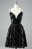 A-Line Black Lace Ruffles Spaghetti Straps V Neck Short/Mini Homecoming Dresses Rjerdress