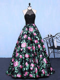A Line Black Sleeveless Pockets Beads Floor Length Prom Dresses With Flowers