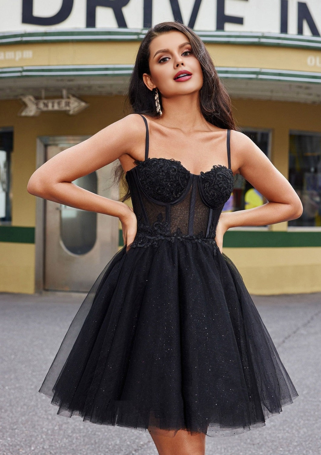 A Line Black Sleevless Spaghetti straps Appliques Tulle Short Homecoming Dresses Rjerdress