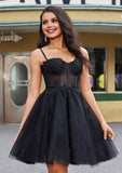 A Line Black Sleevless Spaghetti straps Appliques Tulle Short Homecoming Dresses Rjerdress