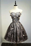 A Line Black Sweetheart Strapless with Flowers Tulle Short Homecoming Dress,Cheap Hoco Dress