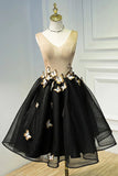 A Line Black V Neck Lace up Homecoming Dresses Sleeveless Cocktail Dress With Butterfly H1136 Rjerdress