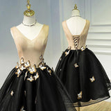 A Line Black V Neck Lace up Homecoming Dresses Sleeveless Cocktail Dress With Butterfly H1136 rjerdress