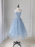 A Line Blue Applique Short Ankle-length Tulle Sleeveless Open Back Homecoming Dress RRJS211