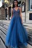 A Line Blue Backless V Neck Tulle Long Vintage Beading Prom Dresses Rjerdress