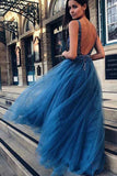A Line Blue Backless V Neck Tulle Long Vintage Beading Prom Dresses