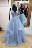 A-Line Blue Deep V Neck Tulle Prom Dresses Long Cheap Open Back Evening Dresses RJS627
