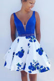A Line Blue Floral Print V Neck Satin Cocktail Dresses with Pockets Homecoming Dress
