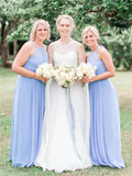 A-Line Blue Halter Open Back Long Chiffon Bridesmaid Dresses