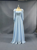 A Line Blue Long Sleeves Sweetheart Prom Dresses With Flower & Feathers Long Evening Dresses Rjerdress