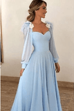 A Line Blue Long Sleeves Sweetheart Prom Dresses With Flower & Feathers Long Evening Dresses