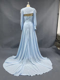 A Line Blue Long Sleeves Sweetheart Prom Dresses With Flower & Feathers Long Evening Dresses rjerdress