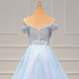 A Line Blue Off the Shoulder Tulle Lace Sweetheart Prom Dresses, 3D Flowers Formal Dress RJS464 Rjerdress