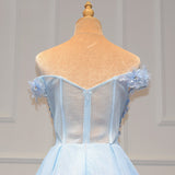 A Line Blue Off the Shoulder Tulle Lace Sweetheart Prom Dresses, 3D Flowers Formal Dress RJS464 Rjerdress