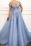 A Line Blue Off the Shoulder Tulle Lace Sweetheart Prom Dresses, 3D Flowers Formal Dress RJS464