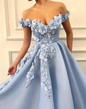 A Line Blue Off the Shoulder Tulle Lace Sweetheart Prom Dresses, 3D Flowers Formal Dress RJS464 rjerdress