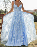 A Line Blue Tulle V Neck Backless Lace Appliques Prom Dresses Simple Evening Dresses RJS874 Rjerdress