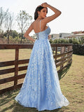 A Line Blue Tulle V Neck Backless Lace Appliques Prom Dresses Simple Evening Dresses RJS874 rjerdress