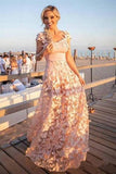A Line Blush Pink  Cap Sleeve Sweetheart Lace Long Prom Dresses With 3D Butterfly rjerdress