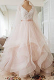 A Line Blush Pink Lace Sweetheart Backless Multi-Layered Organza Beach Wedding Dress