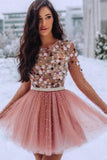 A Line Blush Pink Long Sleeve Homecoming Dresses Witn 3D Flowers Beaded Cocktail Dresses