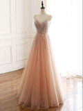A-Line Blush Pink Tulle Cheap Sleeveless Beads Zipper Prom Dresses Rjerdress