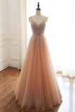 A-Line Blush Pink Tulle Cheap Sleeveless Beads Zipper Prom Dresses Rjerdress