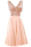 A Line Blush Pink V Neck Chiffon Short Bridesmaid Dress with Rose Gold Sequins Rjerdress