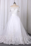 A Line Boat Neck Bridal Dresses Short Sleeves Tulle With Applique Chapel Train rjerdress