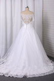 A Line Boat Neck Bridal Dresses Short Sleeves Tulle With Applique Chapel Train rjerdress