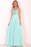 A Line Boat Neck Chiffon Floor Length Formal Dresses With Beading