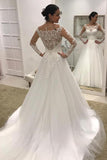 A Line Boat Neck Long Sleeves Wedding Dresses Tulle With Applique