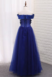 A Line Boat Neck Tulle Prom Dresses With Applique Floor Length Rjerdress