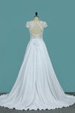 A Line Bridal Dresses Sexy Open Back Scoop Cap Sleeves Elastic Satin & Lace rjerdress