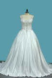A Line BridalDresses Satin V Neck With Beading Sweep Train rjerdress