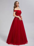 A Line Burgundy Off the Shoulder Lace up Tulle Sweetheart Floor-Length Prom Dresses rjerdress