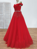 A Line Burgundy Off the Shoulder Lace up Tulle Sweetheart Floor-Length Prom Dresses rjerdress