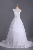 A Line Cap Sleeve Scoop Tulle Bridal Dresses With Applique And Sash rjerdress