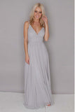 A Line Chiffon Grey Floor Length V Neck Ruffles Bridesmaid Dress Rjerdress