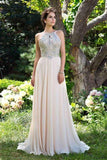 A-Line Chiffon High Neck Pink Beads Sleeveless Backless Floor-Length Prom Dresses RJS885