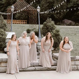 A-Line Chiffon One Shoulder Short Sleeve Long Bridesmaid Dresses With Slit