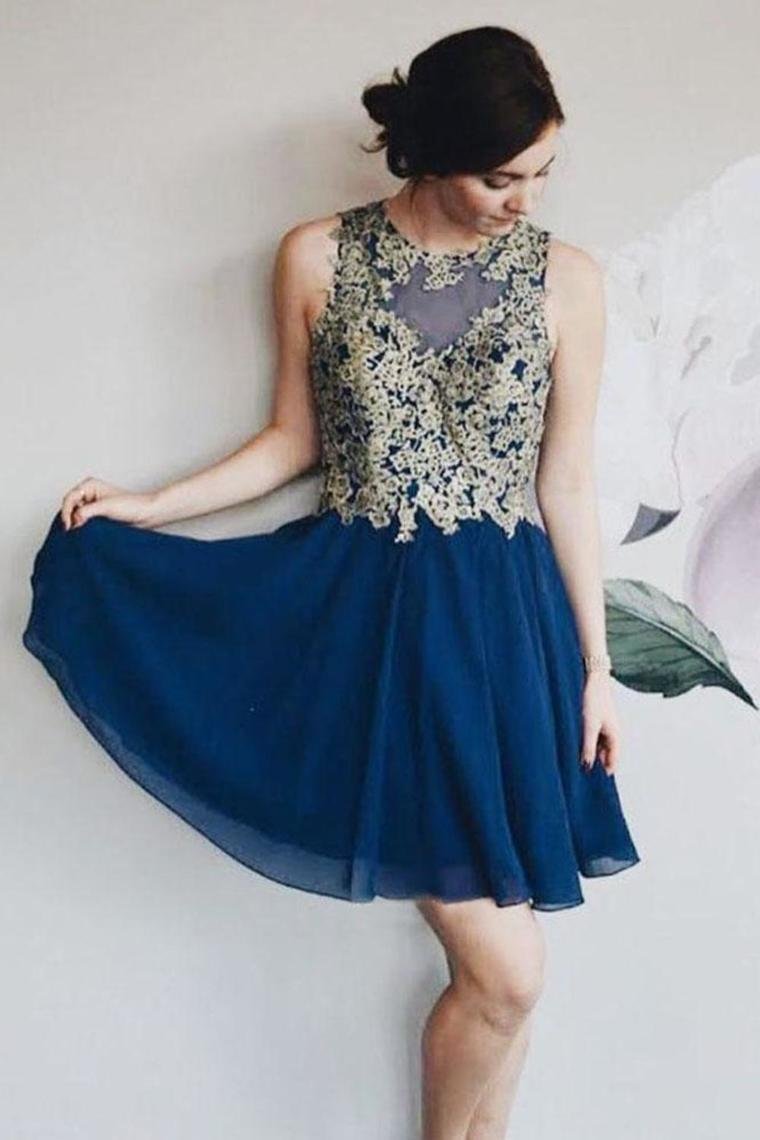A Line Chiffon Sleeveless Lace Appliques Short Homecoming Dresses Rjerdress