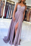A Line Chiffon Spaghetti Straps Open Back Split Prom Dresses With Applique Rjerdress