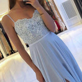 A Line Chiffon Spaghetti Straps Open Back Split Prom Dresses With Applique Rjerdress