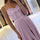 A Line Chiffon Spaghetti Straps Open Back Split Prom Dresses With Applique rjerdress