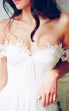 A Line Chiffon Sweetheart Lace Off the Shoulder Beach Wedding Dresses with Pleats Rjerdress